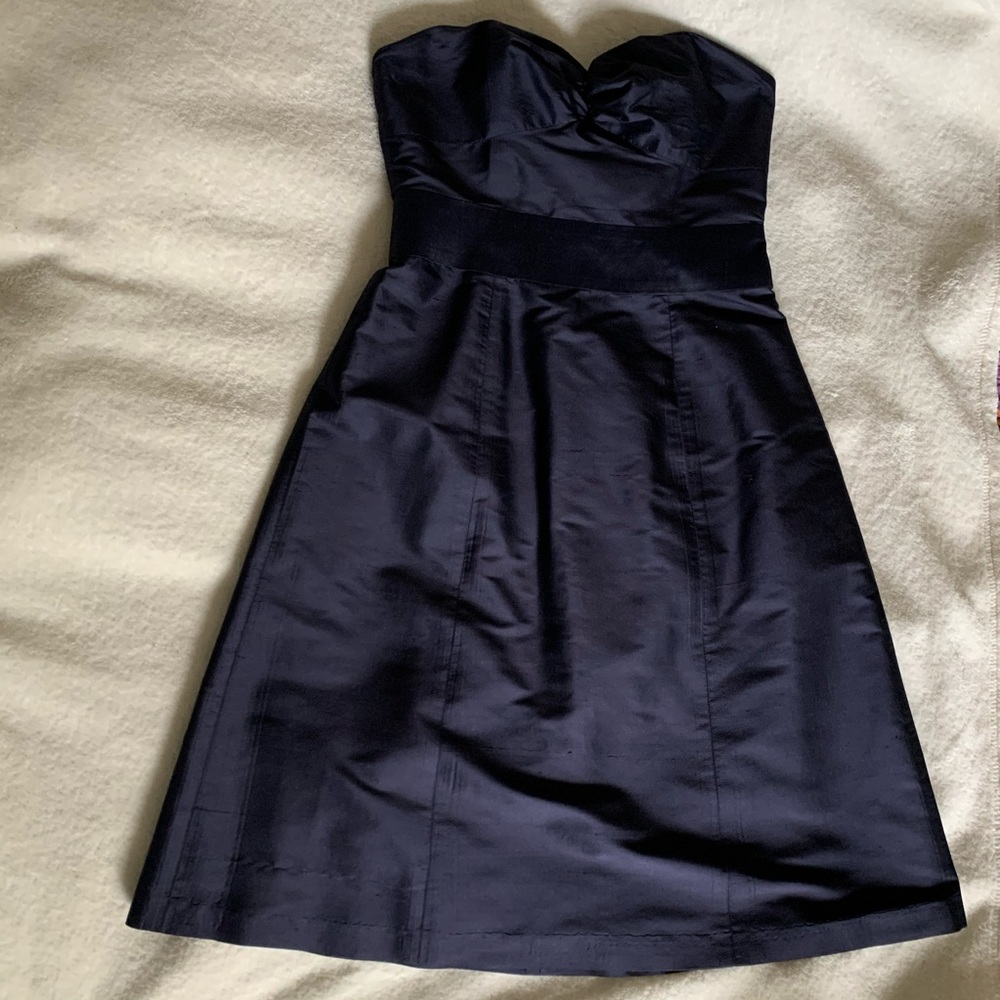 Navy silk strapless dress from Aria